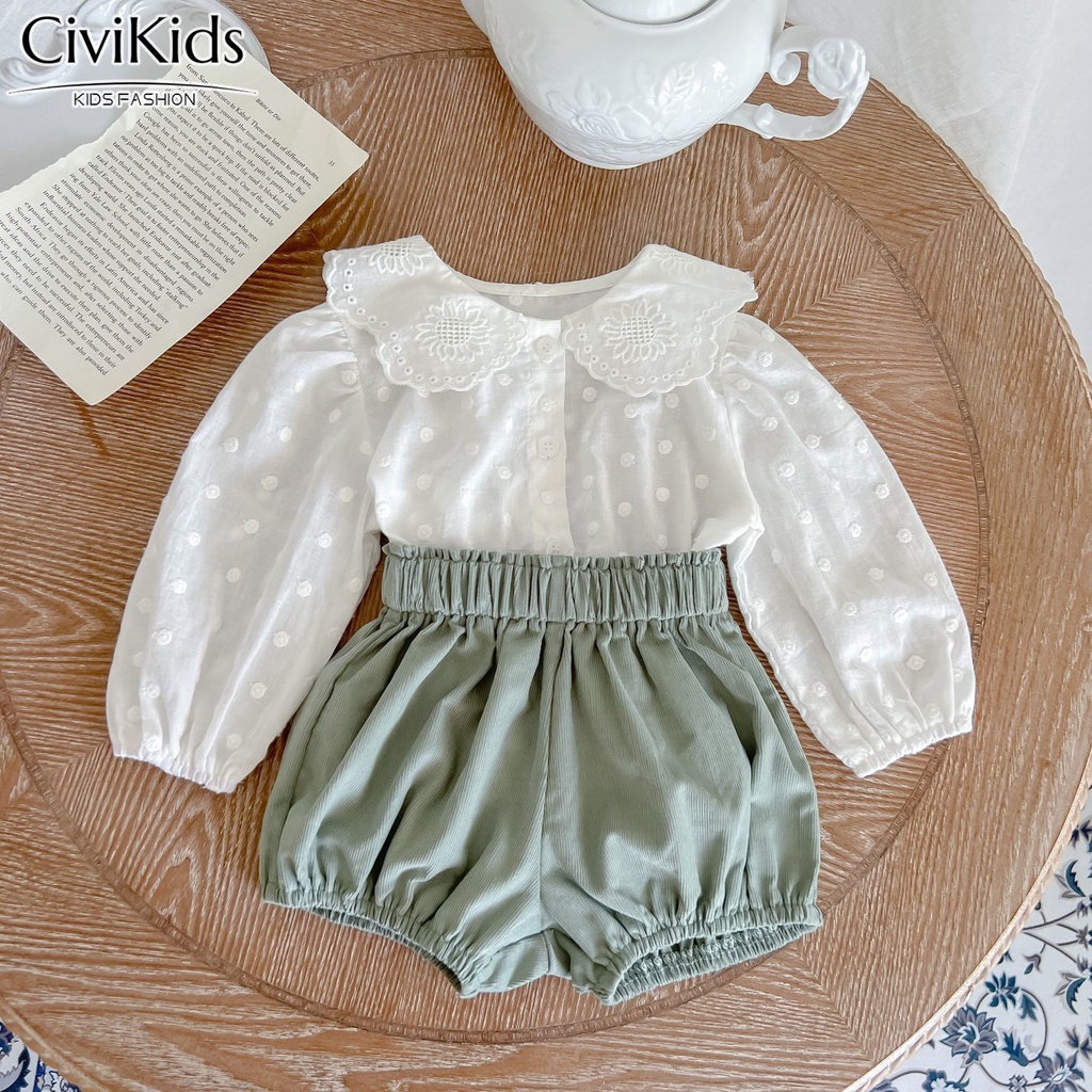 Bộ Áo Sơ Mi Tay Dài + Quần Short Màu Trơn Đơn Giản Thời Trang Cho Bé Gái 2313