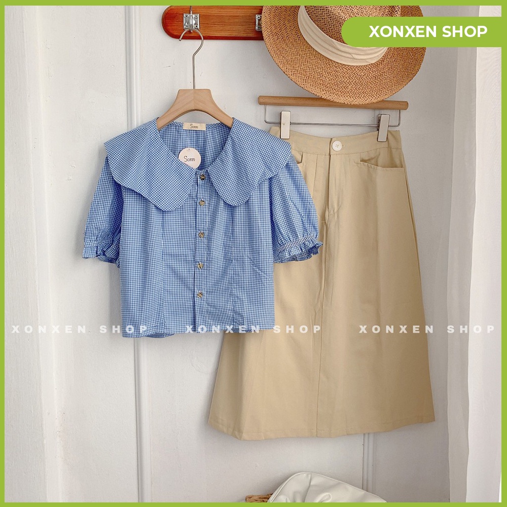 Áo kiểu caro cổ bèo lên form chuẩn chất vải mền mịn XONXEN SHOP QUẢNG NGÃI freesize mã 76 | BigBuy360 - bigbuy360.vn