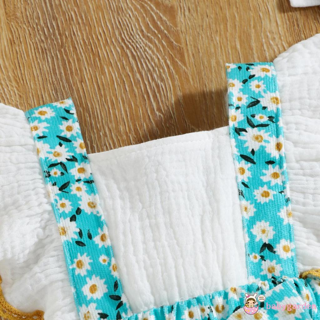 Bộ áo liền quần cổ vuông họa tiết hoa cúc kèm băng đô cho bé gái 0-18 tháng tuổi