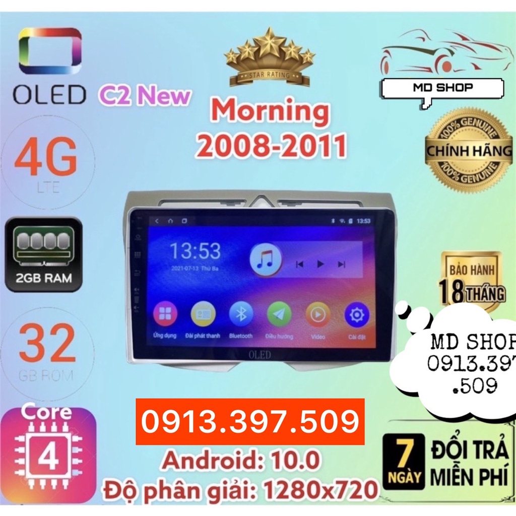 Màn Hình Android OLED C2 theo xe KIA MORNING 2008 - 2012, 9 inch kèm dưỡng và jack nguồn zin theo xe