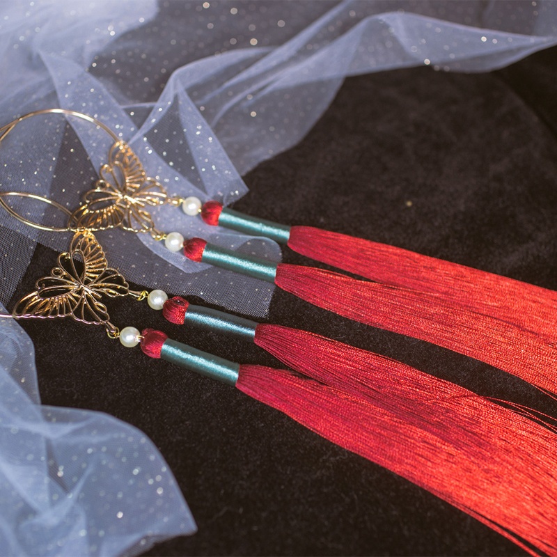 Dây Cột Tóc Hình Bướm Đính Ngọc Trai Tua Rua Phong Cách Cổ Điển