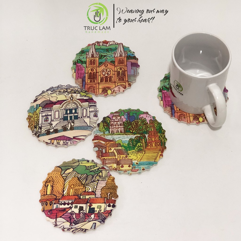 Bộ Lót Cốc Gốm Men Mờ 4 Chiếc Hình Nắp Bia Siêu Thấm Nước Có Đế Gỗ Chống Trơn Trượt - Trúc Lâm Handmade