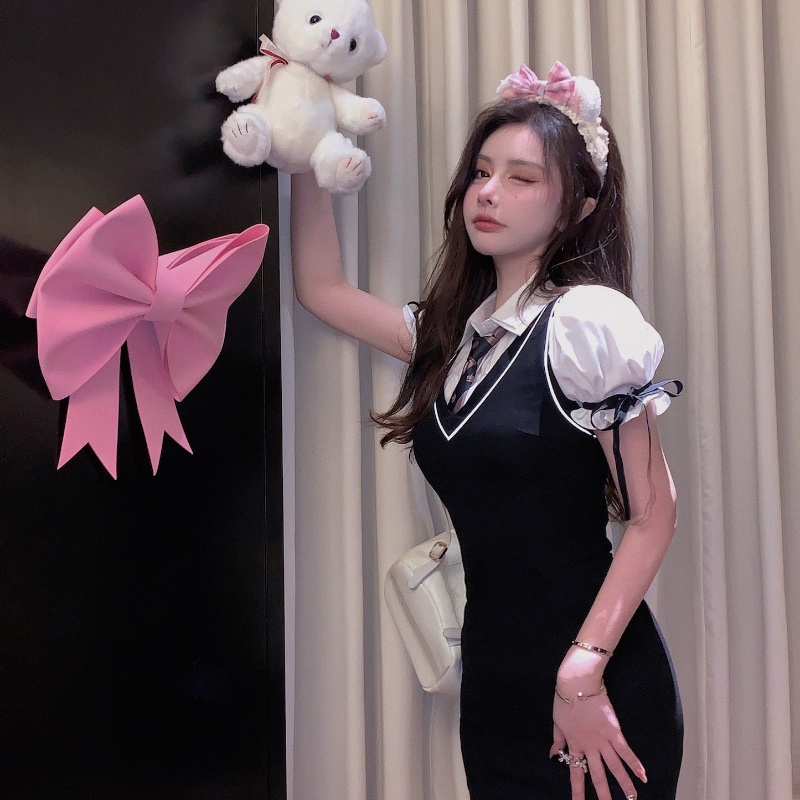 Đầm Perty cổ bẻ giả hai lớp phong cách Hàn Quốc dễ thương cho nữ