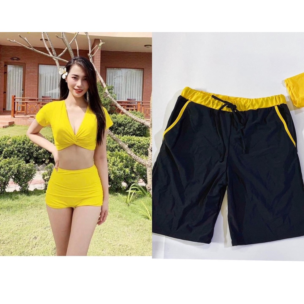 [ĐỒ BƠI ĐÔI NAM NỮ VẢI THUN ĐỒ BƠI KOREA CAO CẤP] Bikini couple nam nữ quần nam mix bikini tay ngắn xoắn kèm mút lót
