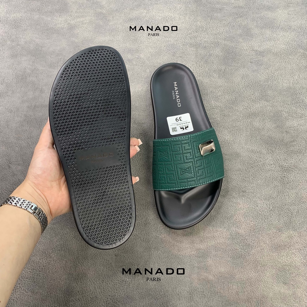 Dép da nam quai ngang cao cấp Manado Mã MND08 màu xanh fullbox, quai da mềm mại, đế cao su thiết kế chắc chắn