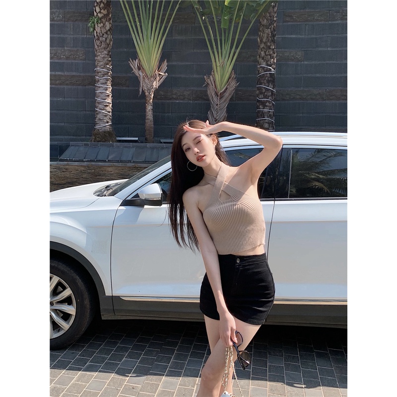 SUXI Áo Croptop Dệt Kim Màu Trơn Đan Dây Chéo Thời Trang Hàn Quốc Cá Tính Cho Nữ