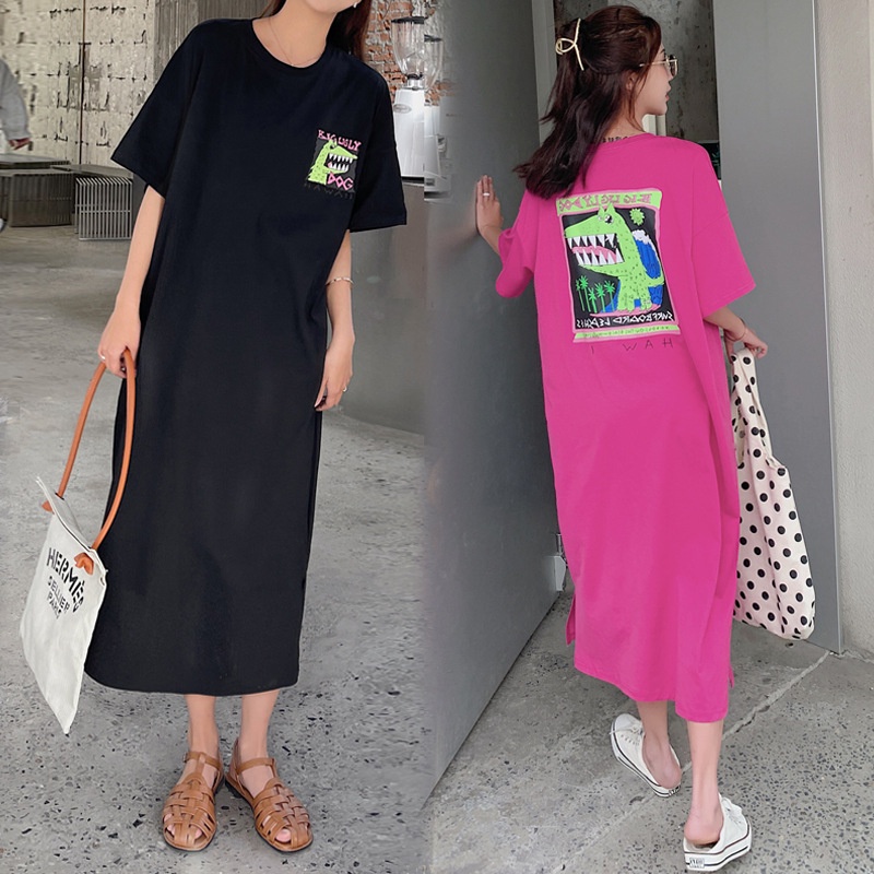Váy Suông Đầm Suông In Hình Khủng Long Cool Tay Lỡ Xẻ Tà From Rộng Dáng Dài Tới 75kg Phong Cách Trẻ Trung TTDS0468
