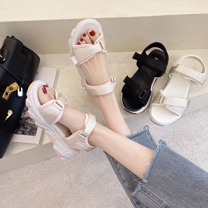 Giày Sandal Cao Gót Đế Dày Quai Dán Dày Dặn Phong Cách Hàn Quốc Thời Trang Mùa Hè 2023 Mới Cho Nữ