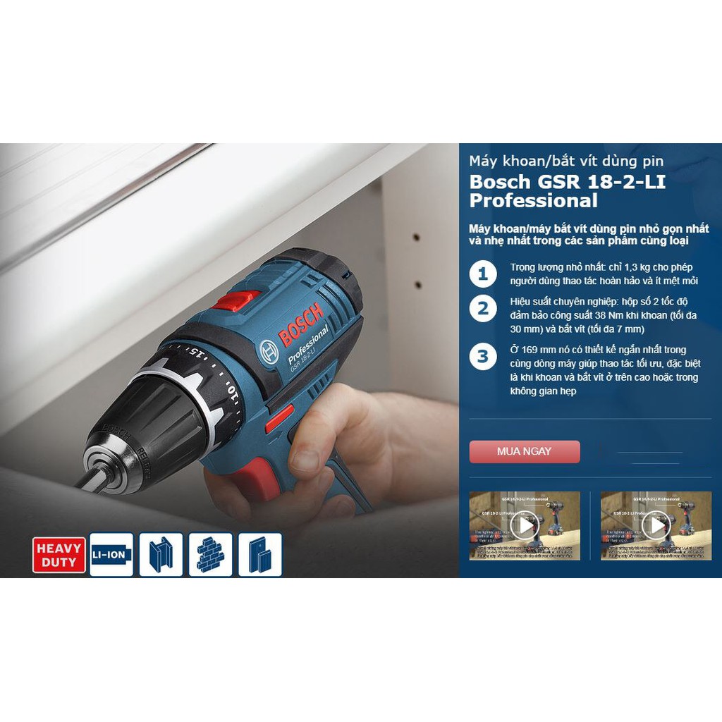 BN. Khoan pin vặn vít 3 chức năng Bosch GSB 18-2-LI