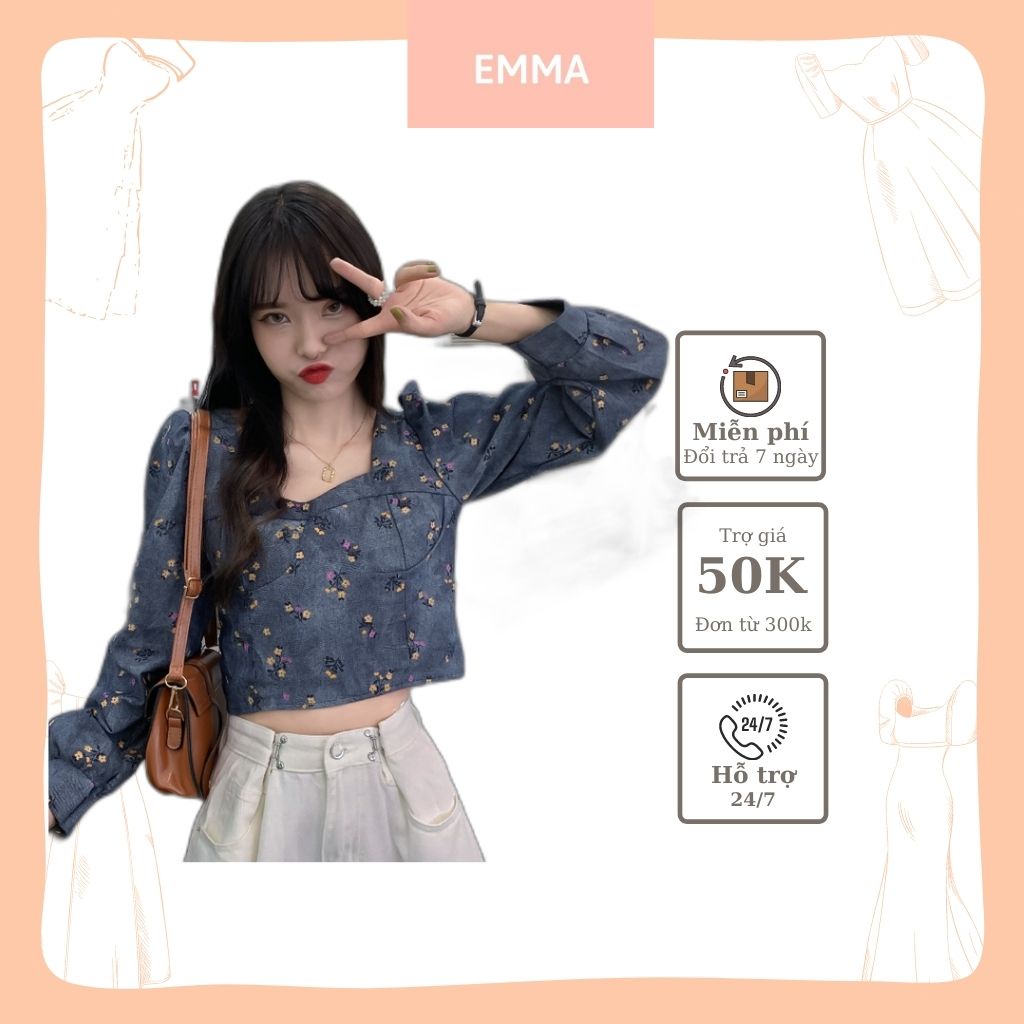 Áo hoa nhí EMMA tay phồng cổ vuông nhún lưng dáng croptop vải demin thời trang mùa thu kiểu Pháp
