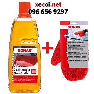 Bộ 2: Nước rửa xe Sonax Gloss Shampoo 1L đậm đặc bóng loáng + Găng tay rửa xe Sonax microfibre wash glove