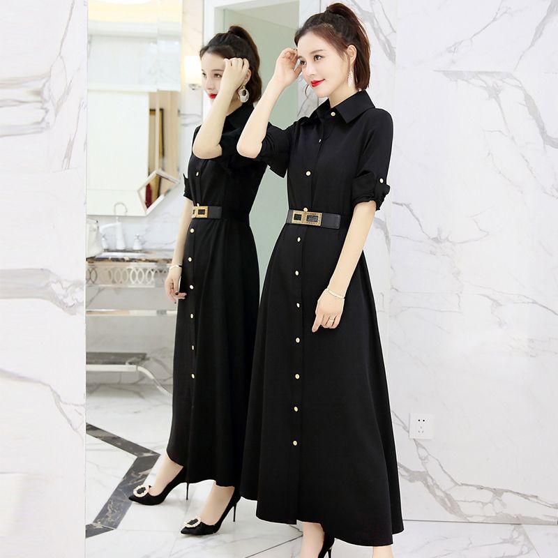 Đầm Sơ Mi Tay Dài Dáng Ôm Màu Đen / Đỏ Thời Trang Xuân Thu Xinh Xắn Cho Nữ