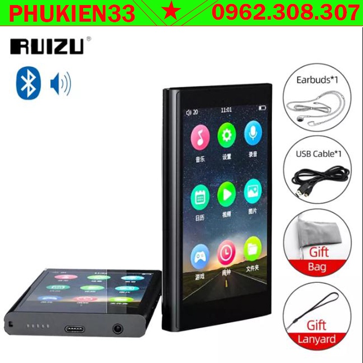 Ruizu H10 - Máy Nghe Nhạc Buetooth 5.0 Hai Chiều, Màn Hình Cảm Ứng, Xem Phim Full HD, Có Loa Ngoài (16GB)