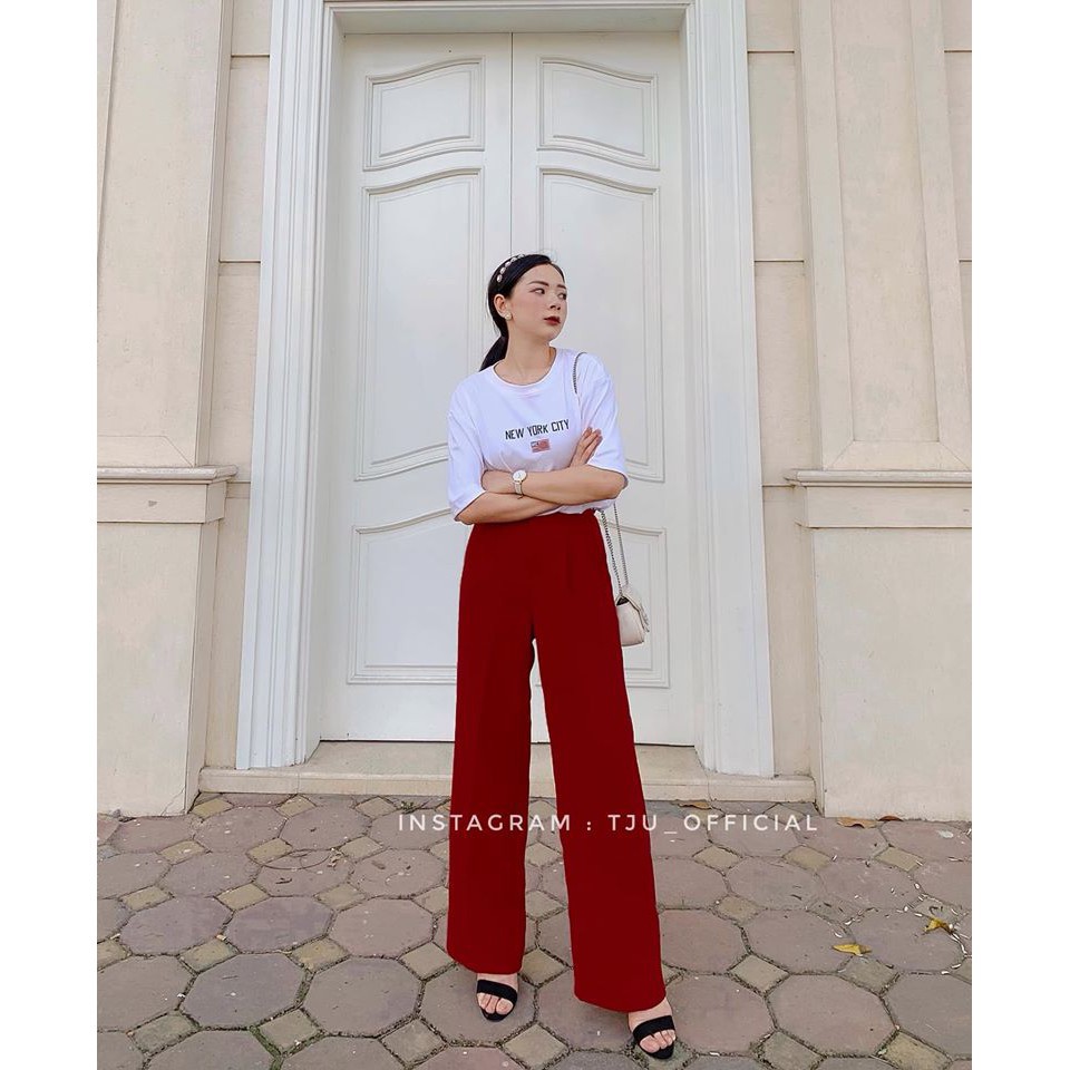 Quần ống rộng lưng cao có khóa giữa siêu xinh vải mềm tuyết mưa chân dài 1m như siêu mẫu cao cấp Hàn Quốc Q020