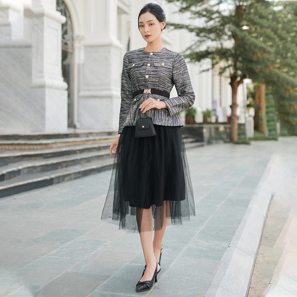 Áo Dạ Tweed Nữ Dáng Ngắn Tay Dài LEOSWEARING Áo Sơ Mi Công Sở Thu Đông Cổ Tròn Túi Giả Đính Nút Tôn Dáng  D43