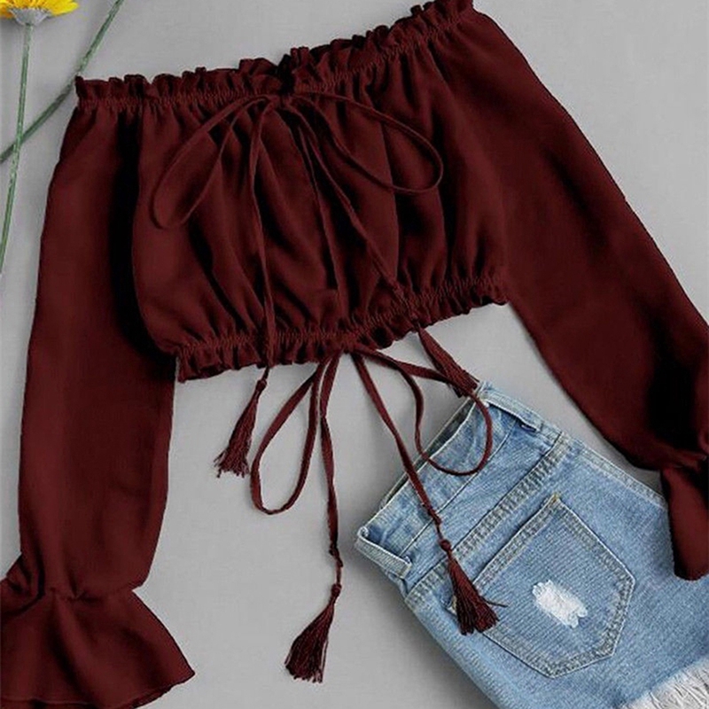 Áo croptop trễ vai tay dài phối dây đan chéo thiết kế quyến rũ cho phái nữ