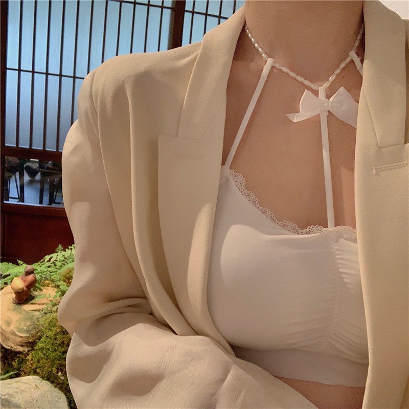 Áo lót không dây phối nơ và ngọc trai quyến rũ cho nữ