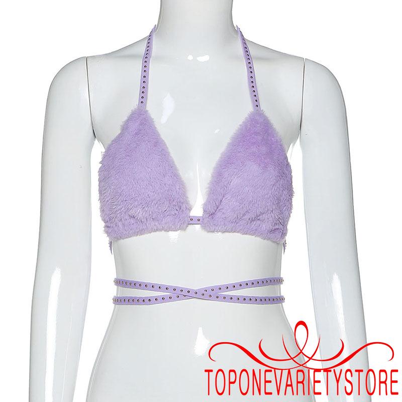 Áo croptop không tay phối lông xù và đinh tán thời trang cho nữ