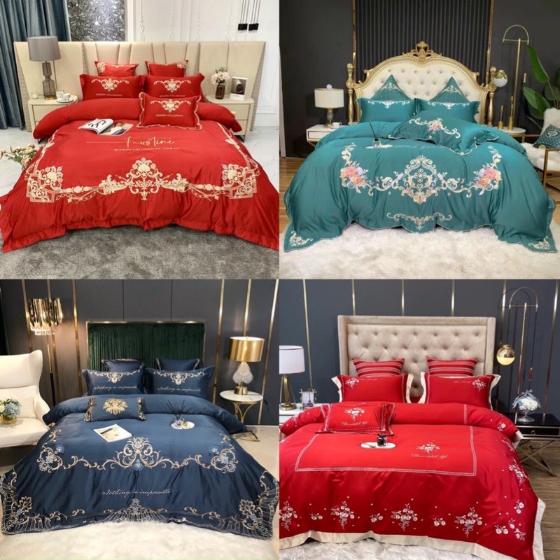 Set chăn ga gối Lụa silk THÊU HOÀNG GIA CAO CẤP / Set 4 món