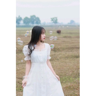 [Ảnh thật] Váy trắng cộc tay cổ vuông cúc bọc - Váy trắng kỉ yếu xoè voan tơ tay bồng