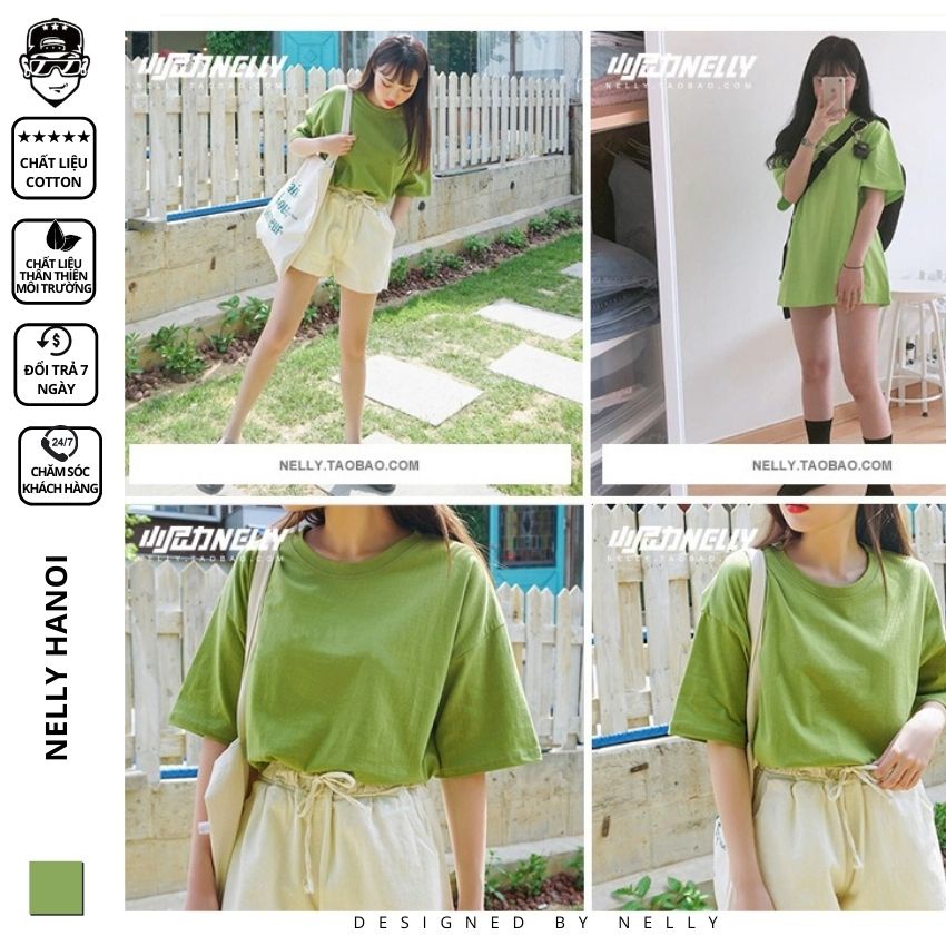 Áo thun tay lỡ NELLY phông Unisex nam nữ oversize form rộng xanh lá cây trơn