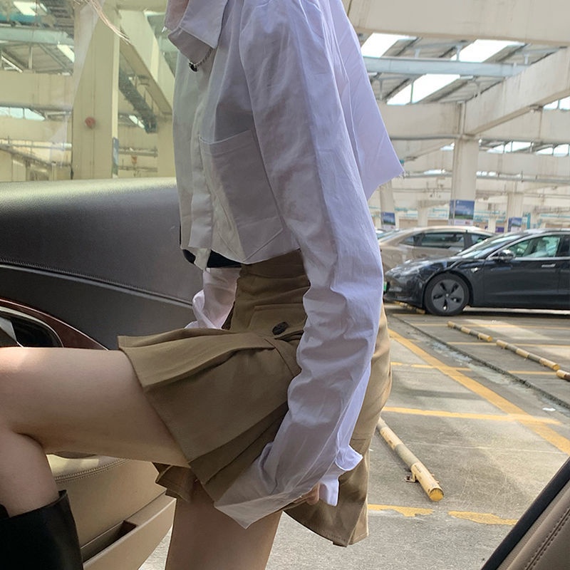 Set áo sơ mi + chân váy ngắn lưng cao dáng ôm thời trang xuân thu mới 2021 cho nữ