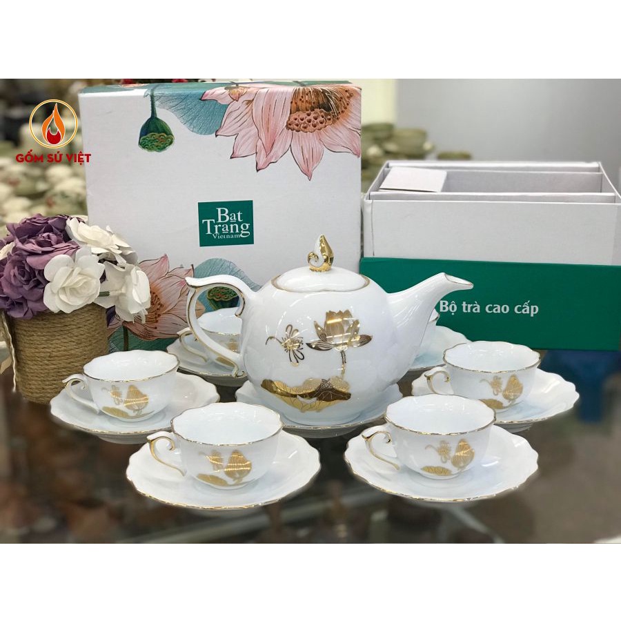 Bộ Bình Trà Mẫu Đơn Vẽ Sen Vàng - Bộ Ấm Chén Bát Tràng, Quà Tặng Gốm Sứ