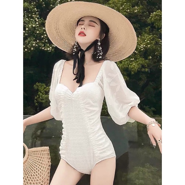 Đồ bơi nữ 1 mảnh, áo tắm liền thân màu trắng,tay bồng, nhún eo