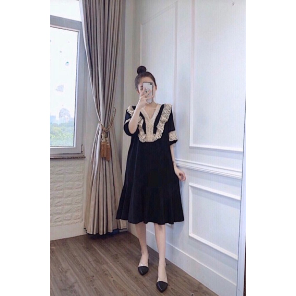 Váy bầu sang chảnh chất lụa phối ren tiểu thư V229