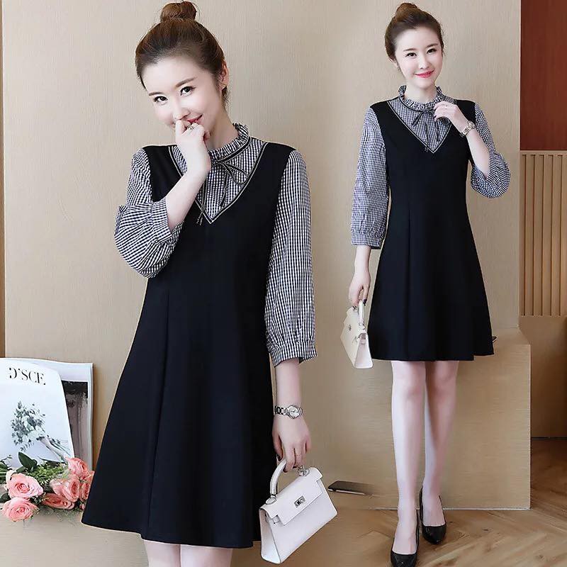Váy Bầu Thu Đông Đen Phối Kẻ Cổ Tàu ( 2 màu phối xanh đen )MYC 1261