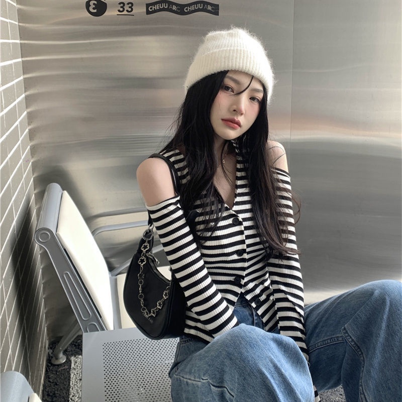 Jiashucheng Áo Dệt Kim Trễ Vai Cổ Chữ V Họa Tiết Kẻ Sọc Thời Trang Hè Thu Phong Cách Mới Cho Nữ
