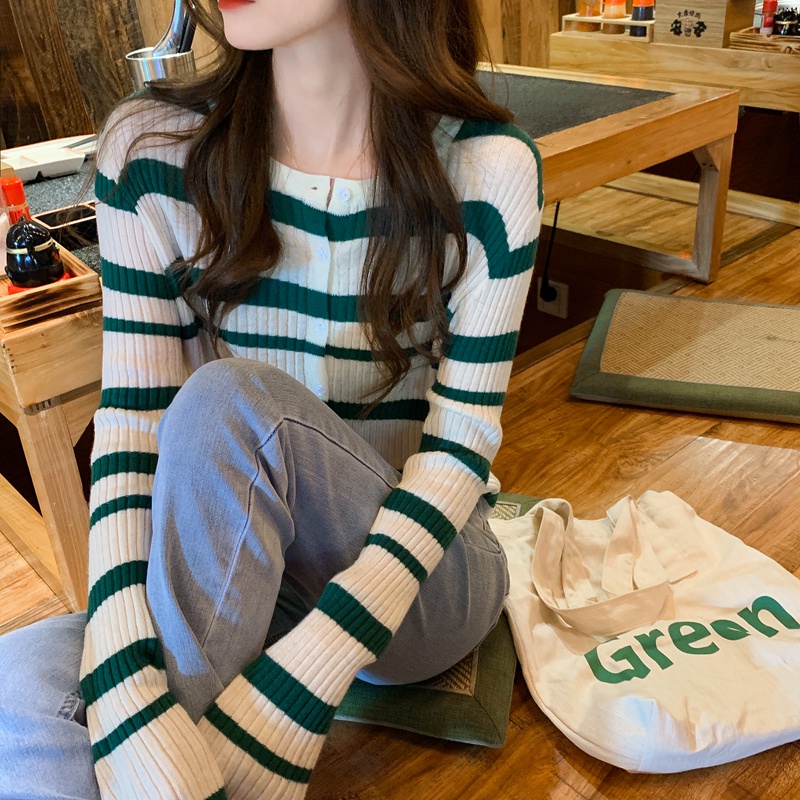 SUXI Áo Khoác Cardigan Dệt Kim Tay Dài Dáng Rộng Kẻ Sọc Kiểu Hàn Quốc Thời Trang Mùa Thu