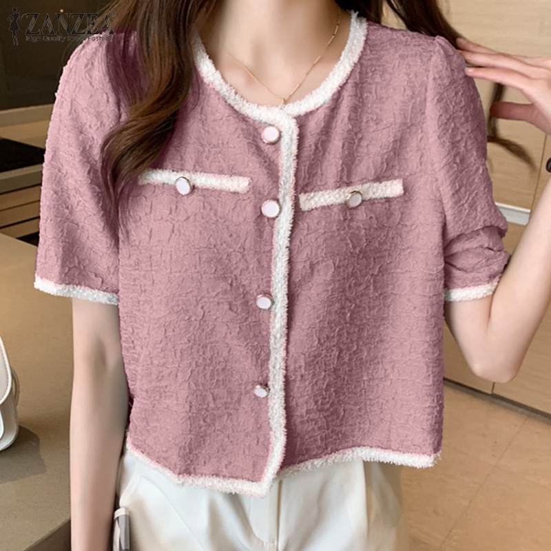 Áo sơ mi ZANZEA ngắn tay cổ tròn phong cách Hàn Quốc cho nữ