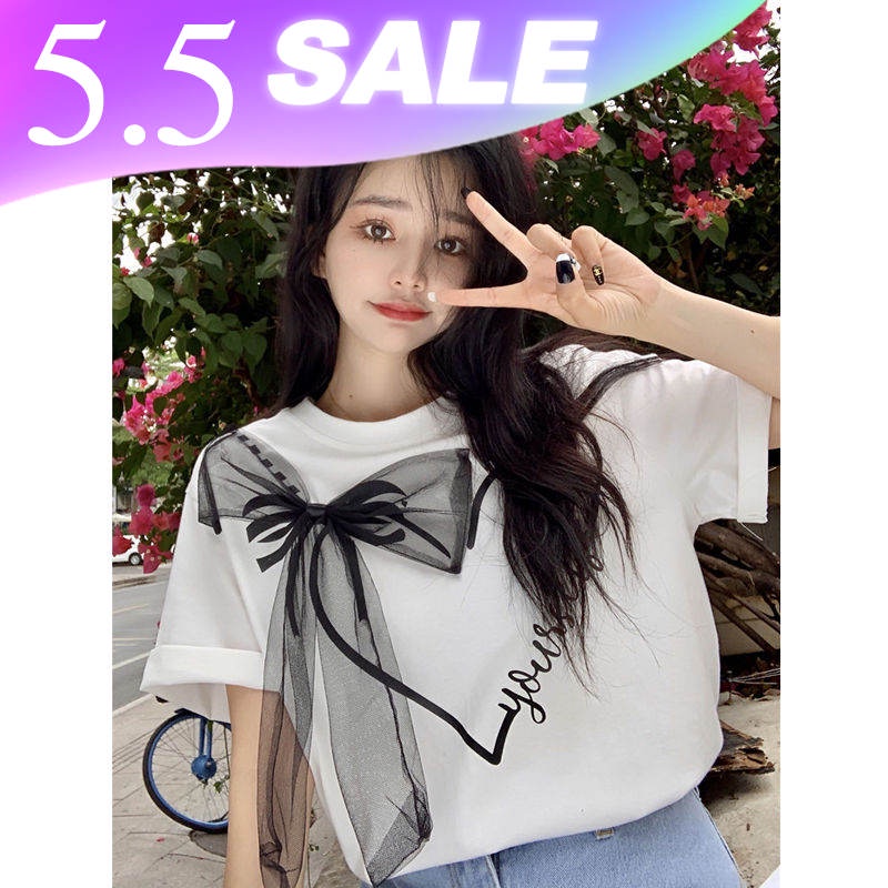 Students feel foreign style bow tie short-sleeved t-shirt girls summer wear personality care machine age-reducing half-sleeved shirt ins trend