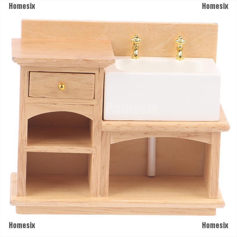 [HoMSI] 1/12 Miniature Wooden Wash Basin Cabinet with Ceramic Hand Sink for Dollhouse SUU