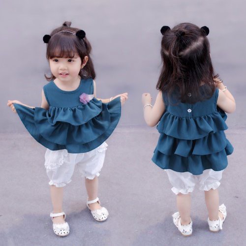 Set áo sát nách &amp; quần cộc thêu hoa mặc hè cho bé gái (N00242)