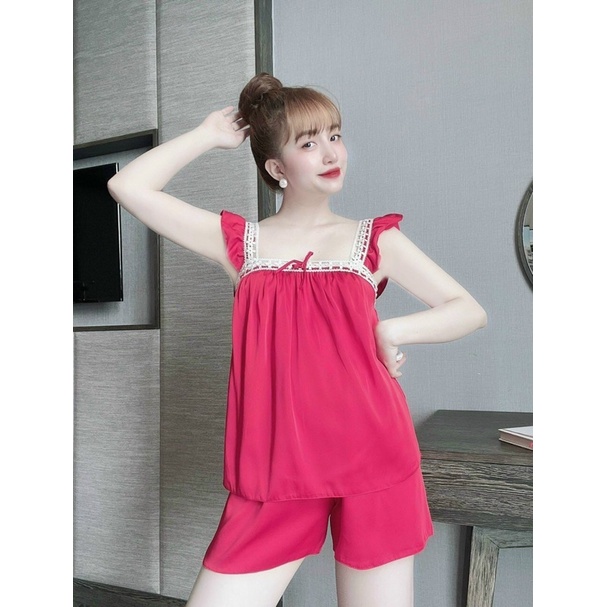 Đồ Ngủ Sexy- Bộ Ngủ Satin Phối Ren Cánh Tiên Form 40-55kg( ảnh và video thật)