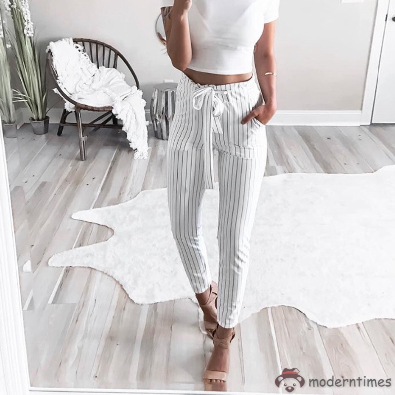 Quần dài kẻ sọc cột nơ xinh xắn cho nữ | BigBuy360 - bigbuy360.vn