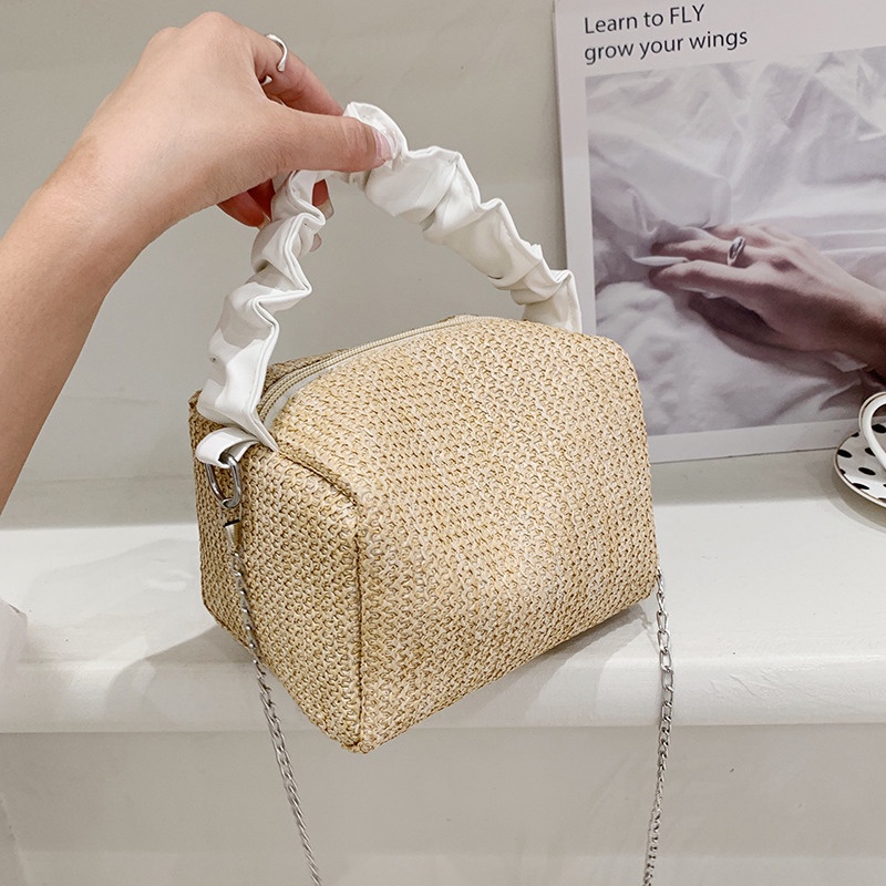 Túi Cói Dáng Hộp Vuông Quai Da Túi Cói Đi Biển L2086