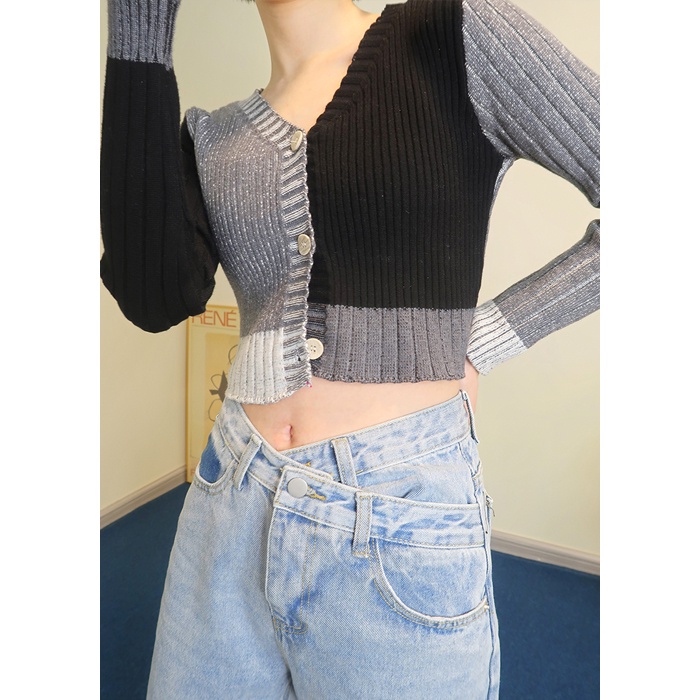 Áo cardigan IHKKE dệt kim cổ chữ V màu sắc tương phản thời trang