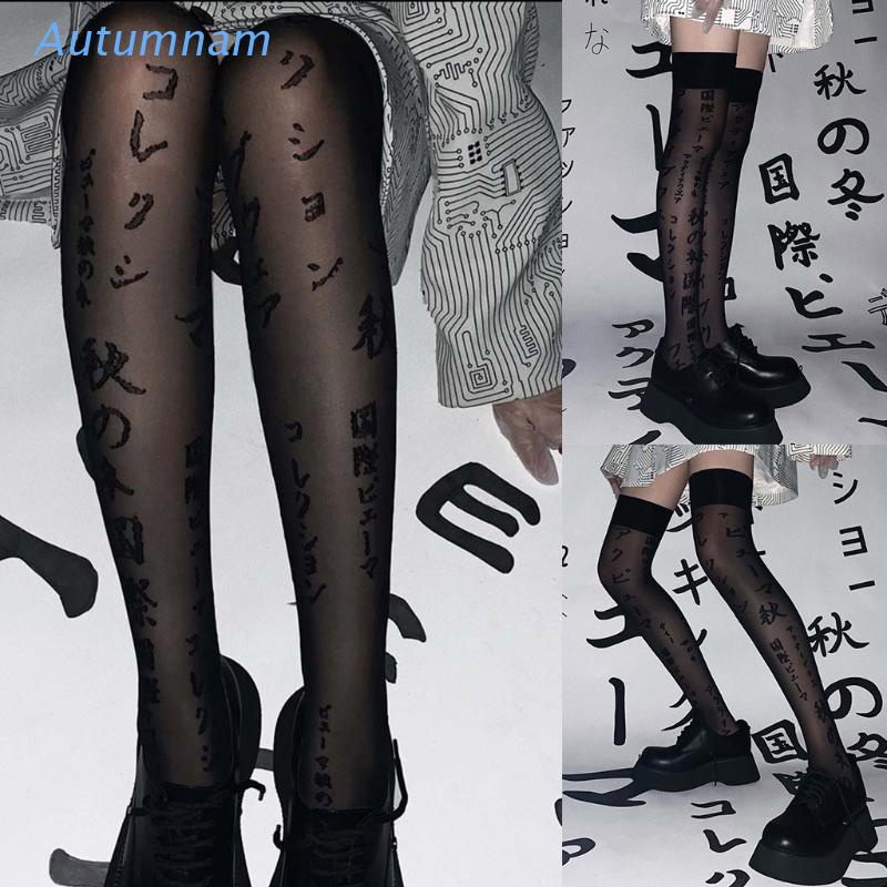 Vớ dài qua gối in chữ màu đen phong cách Harajuku Nhật Bản cho nữ