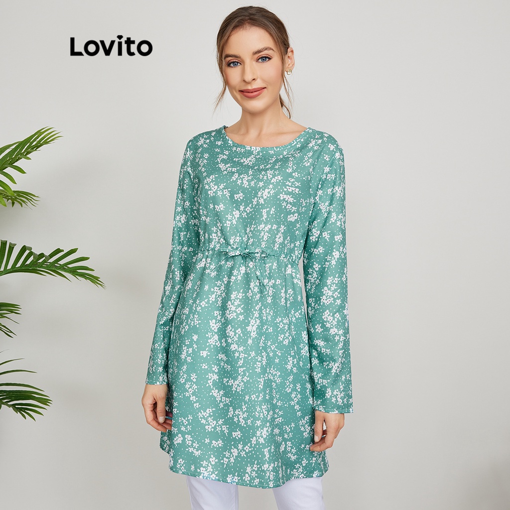 Lovito Áo dây rút hoa L24ED107 (Xanh lá cây)