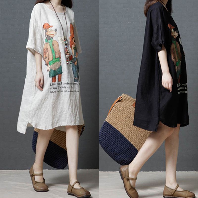 Đầm suông dáng rộng tay ngắn in hình hoạt hình kích thước M-2XL