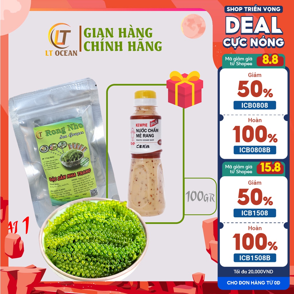 Rong nho tách nước gói 100g nở 300g tặng thêm chai sốt mè KEWPIE 180ml ăn bao phê, giá rẻ chuẩn loại 1