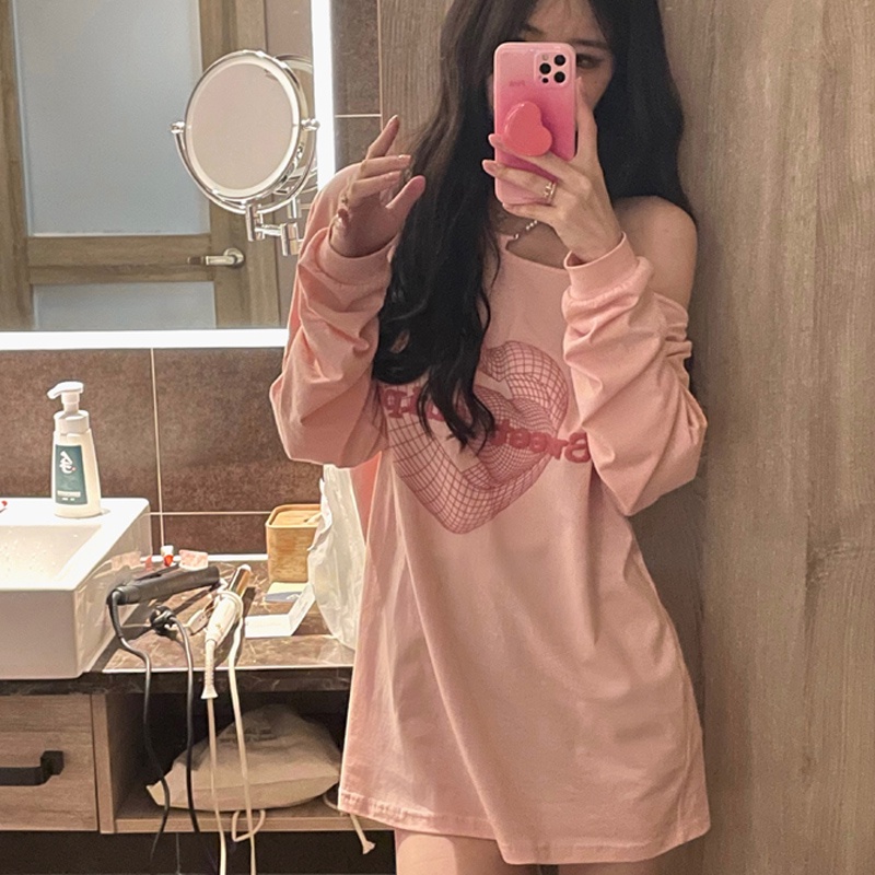 Áo thun dài tay trễ vai in họa tiết phong cách Hàn Quốc thời trang dành cho nữ | BigBuy360 - bigbuy360.vn