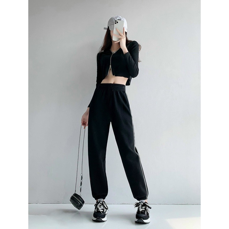 Quần Thể Thao Nữ Jogger 1 Sọc Bo Gấu Cạp Chun Màu Đen/Trắng/Ghi J912