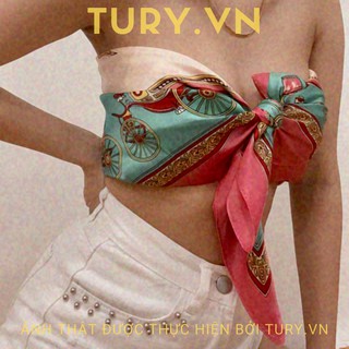 Khăn Lụa Vuông Satin Turban 90x90cm Làm Áo Yếm Khăn Quàng Cổ Họa Tiết Xe Ngựa Viền Xanh Lá - Tury.vn - Mã TB021