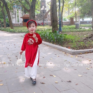 Set Áo Dài Nhung Thêu Máy Cho Bé [Tặng Kèm Cài Bờm]