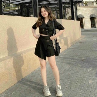 Set bộ váy đắp chéo + áo cổ V phối nút