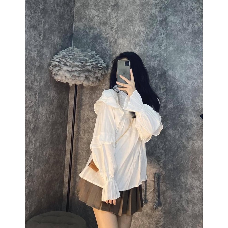 Áo sơ mi cổ tròn dập ly tay bo chun, áo sơ mi cổ tròn tay bèo tầng - SHOP THƠM PHẠM